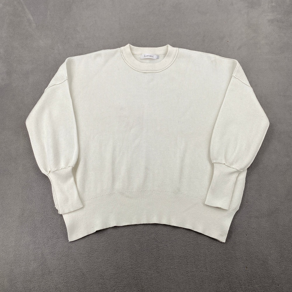 Anrabess Womens Ribbed Oversized Pullover Sweater Cream White Lantern Sleeve S